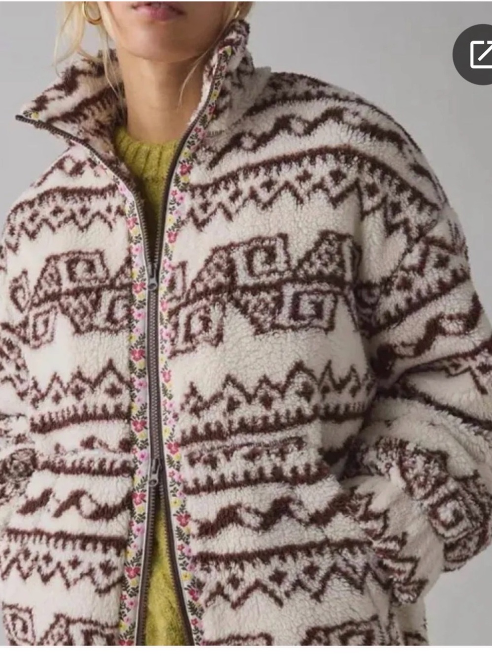 BDG Cream and Brown Patterned Teddy Fleece Jacket